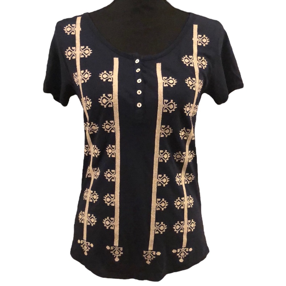 LUCKY BRAND EMBROIDERED SHORT SLEEVE TOP NAVY SIZE SMALL